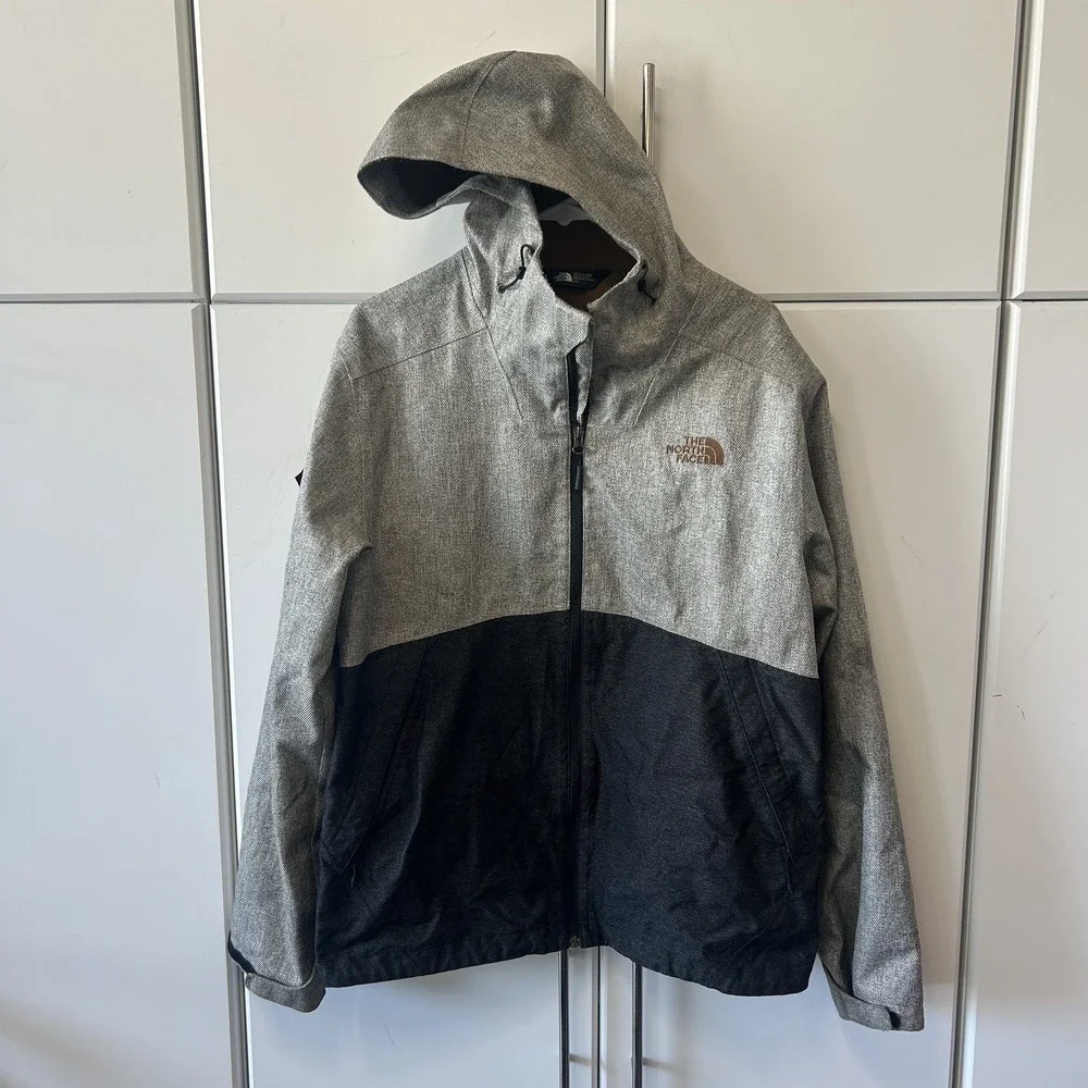 The North Face Mens L Hooded Jacket Grey Herringbone Black Colorblock Zip Up